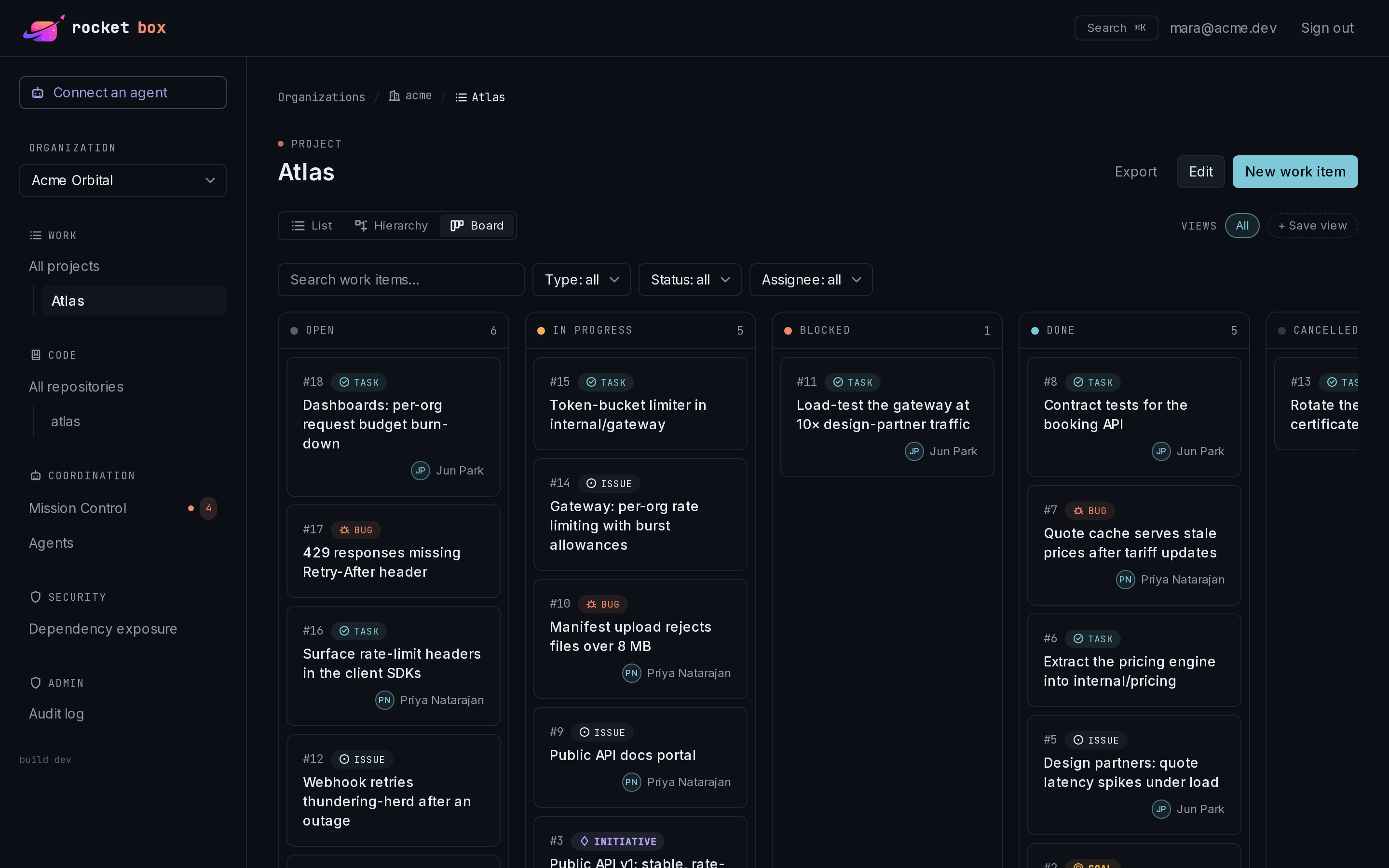 A Rocketbox project board with drag-and-drop kanban columns