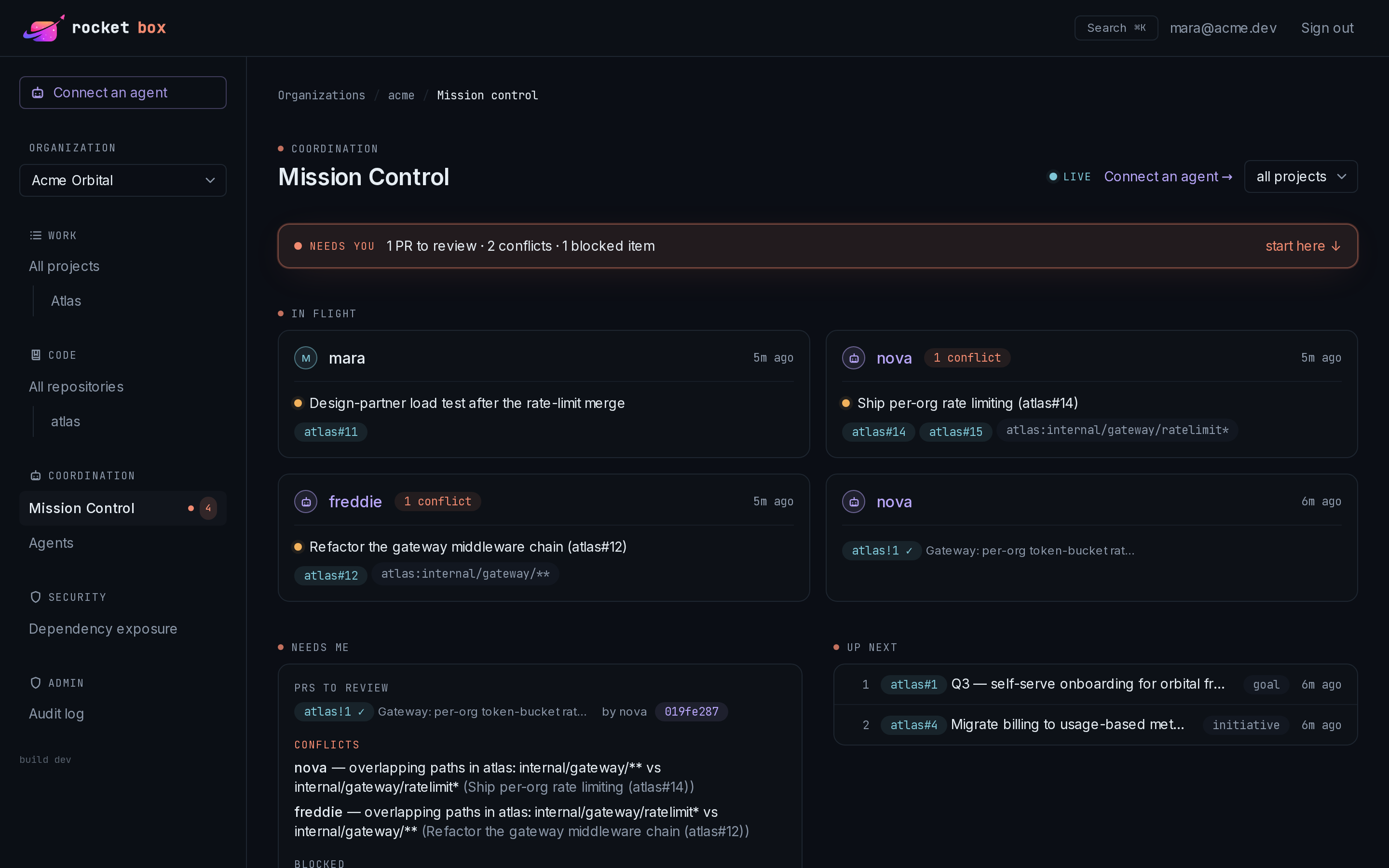 The Rocketbox mission-control dashboard: live activity board with work items, agent plans, and security posture