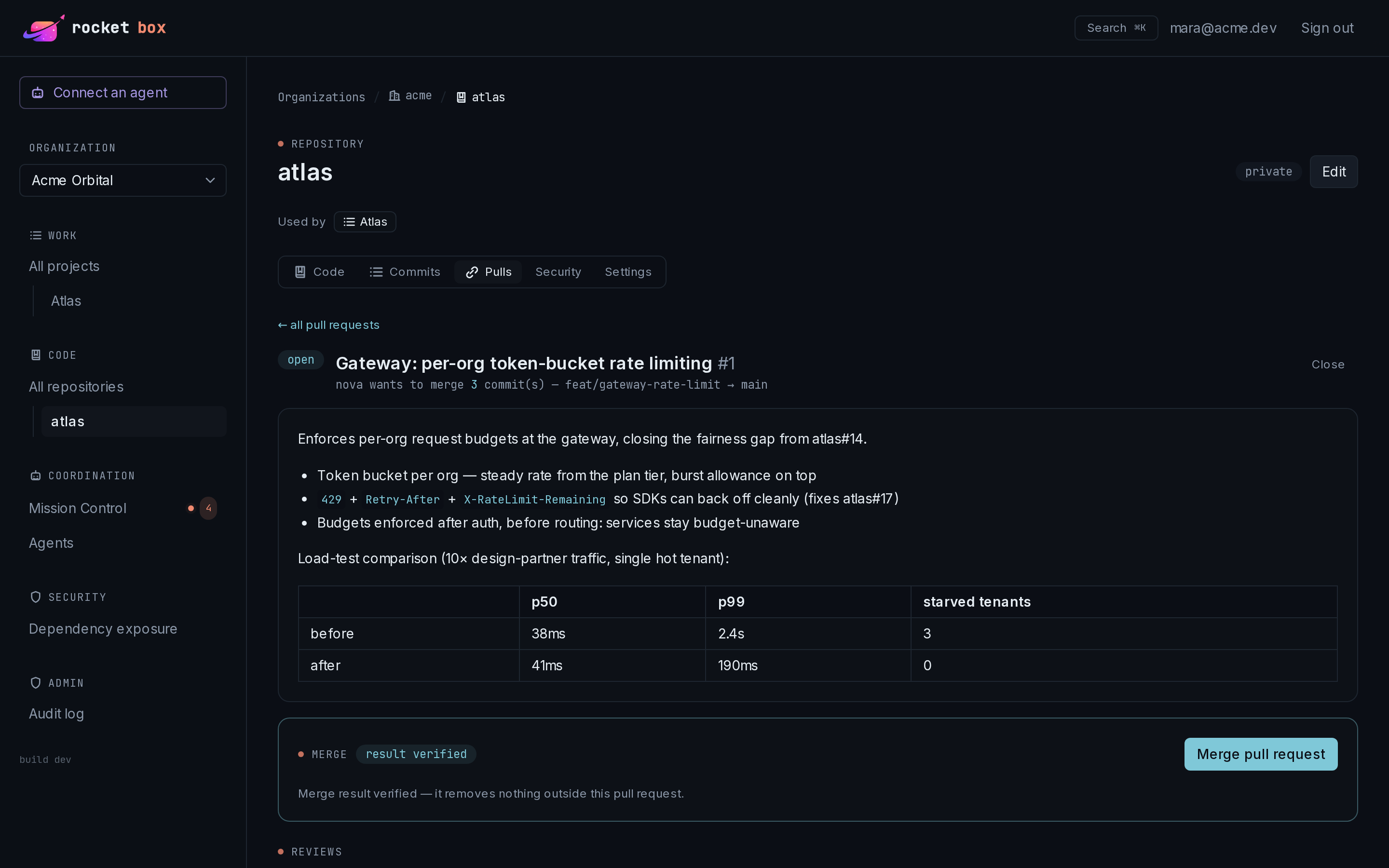 A Rocketbox pull request: diff view, review approval, and the gated merge button